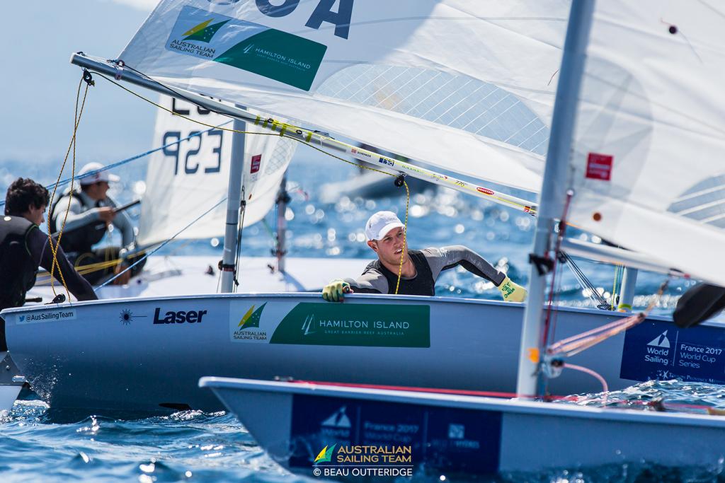 Matt Wearn dodging through the strong Laser fleet - Sailing World Cup Hyeres - Day 2  © Australian Sailing Team / Beau Outteridge